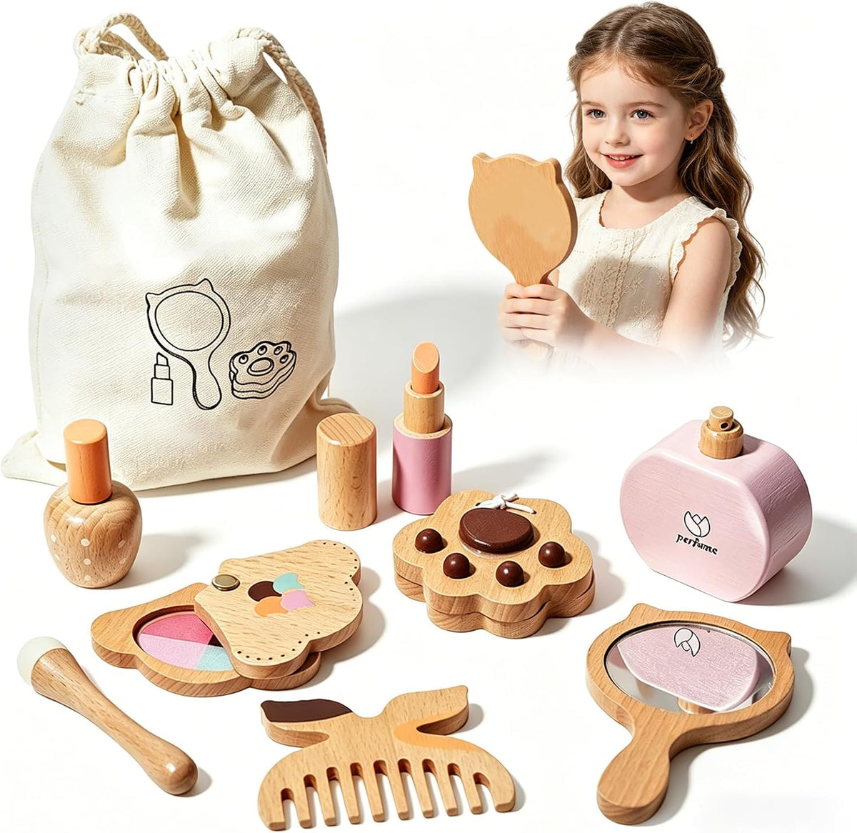 Brownroot Kit de maquillaje de madera para niñas con cosméticos de...