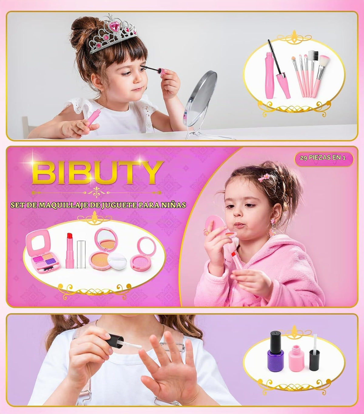 Kit de maquillaje para niñas BIBUTY, juguetes de princesa, maquilla...
