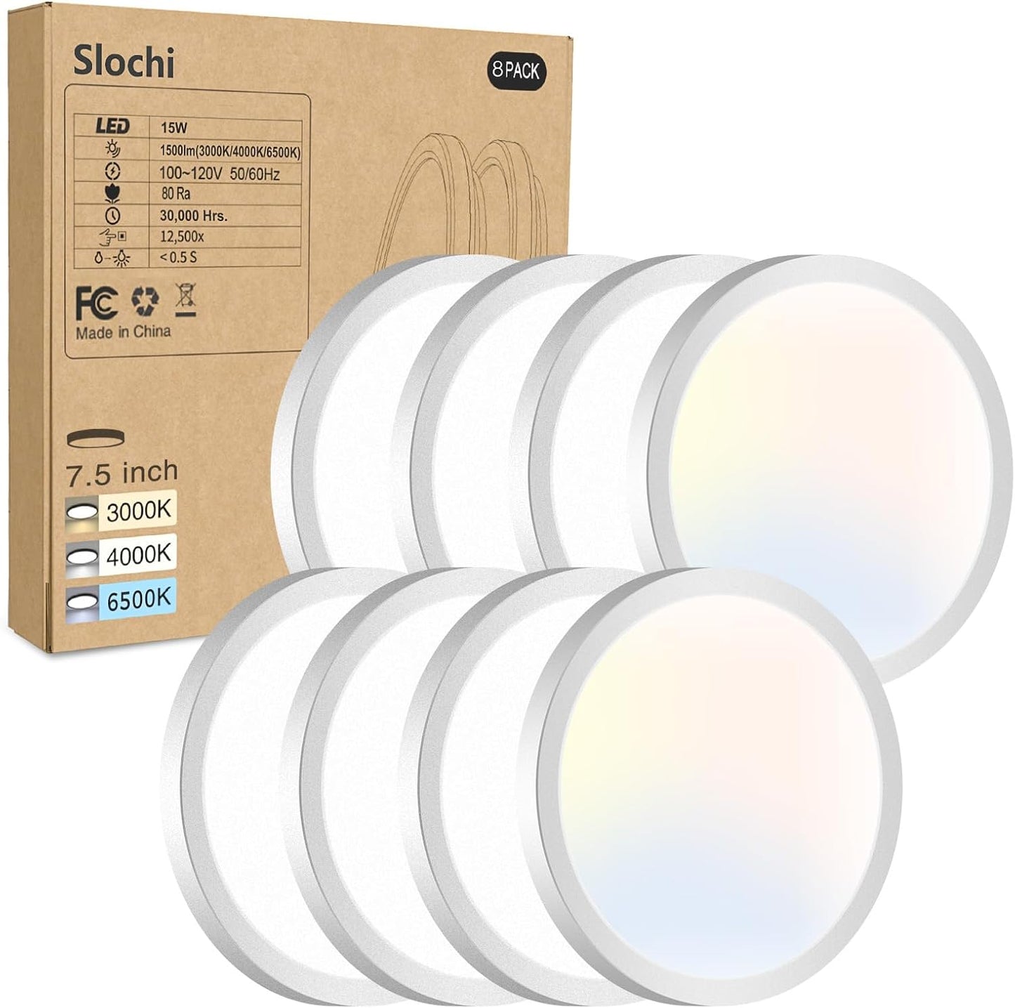 Paquete de 8 luminarias LED de techo empotradas, 3000K-4000K-6500K...