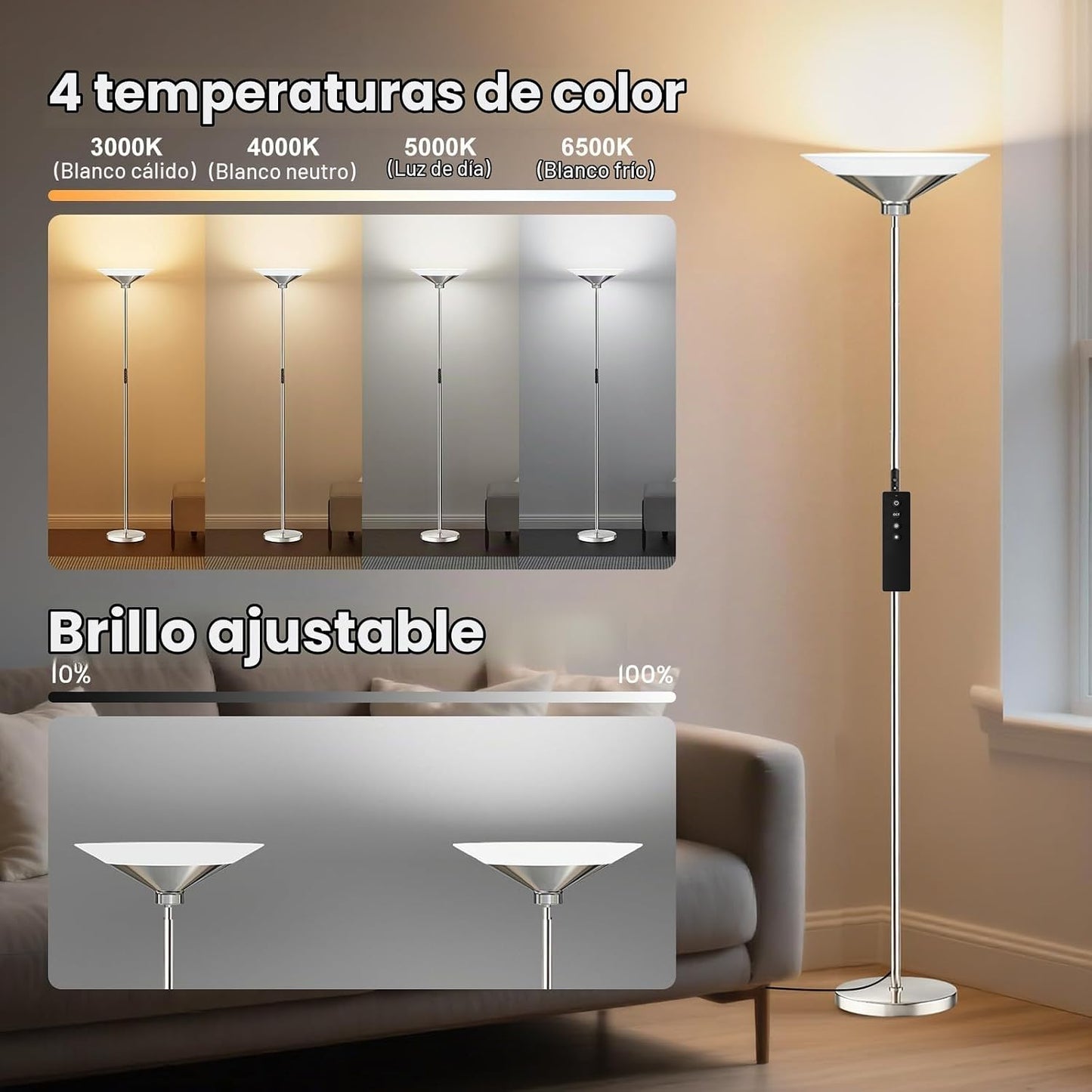 SIBRILLE Lámpara de pie Torchiere plateada metalizada, lámpara de p...