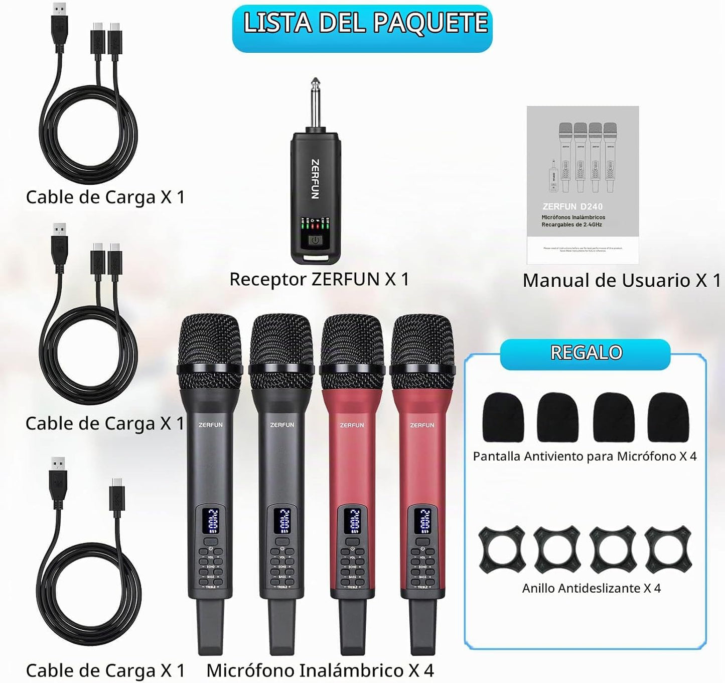 ZERFUN - Micrófonos inalámbricos recargables 4, sistema de micrófon...