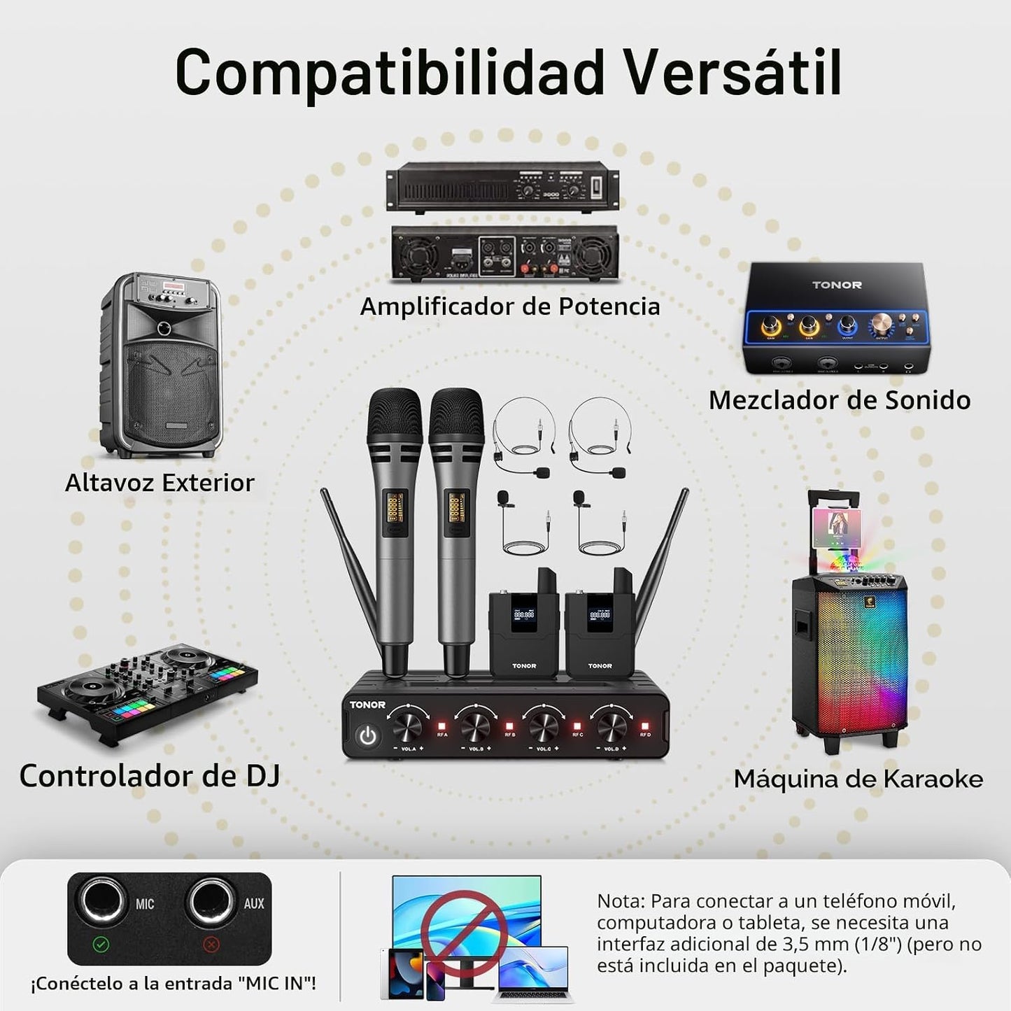 TONOR Sistema de Micrófono Inalámbrico, Juego de 4 Micrófonos de Ma...