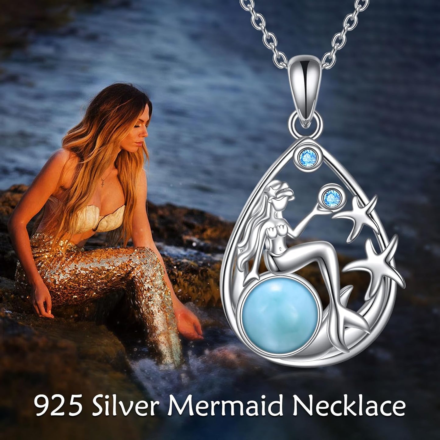 CRMAD Larimar - Collar de playa de plata de ley con diseño de lágri...