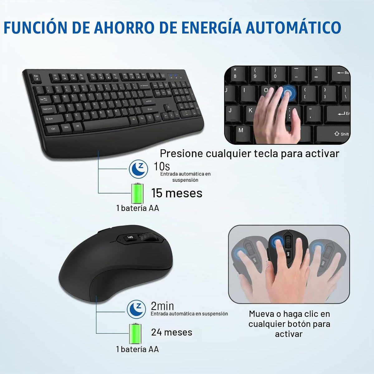 Combo de teclado y mouse inalámbricos de tamaño completo 2.4GHz con...