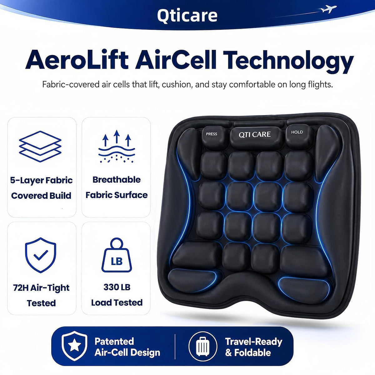 Qticare Cojín de asiento de avión, cojín de viaje con celda de aire...