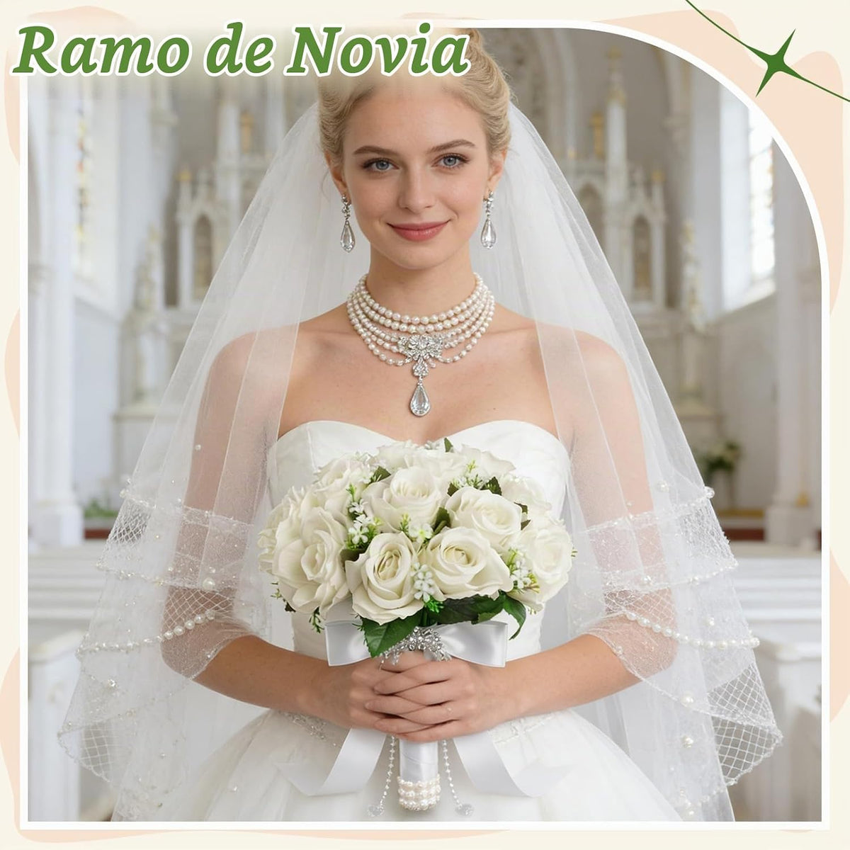 Wowagoga Ramo de boda de 12 pulgadas con cintas de cristales de per...