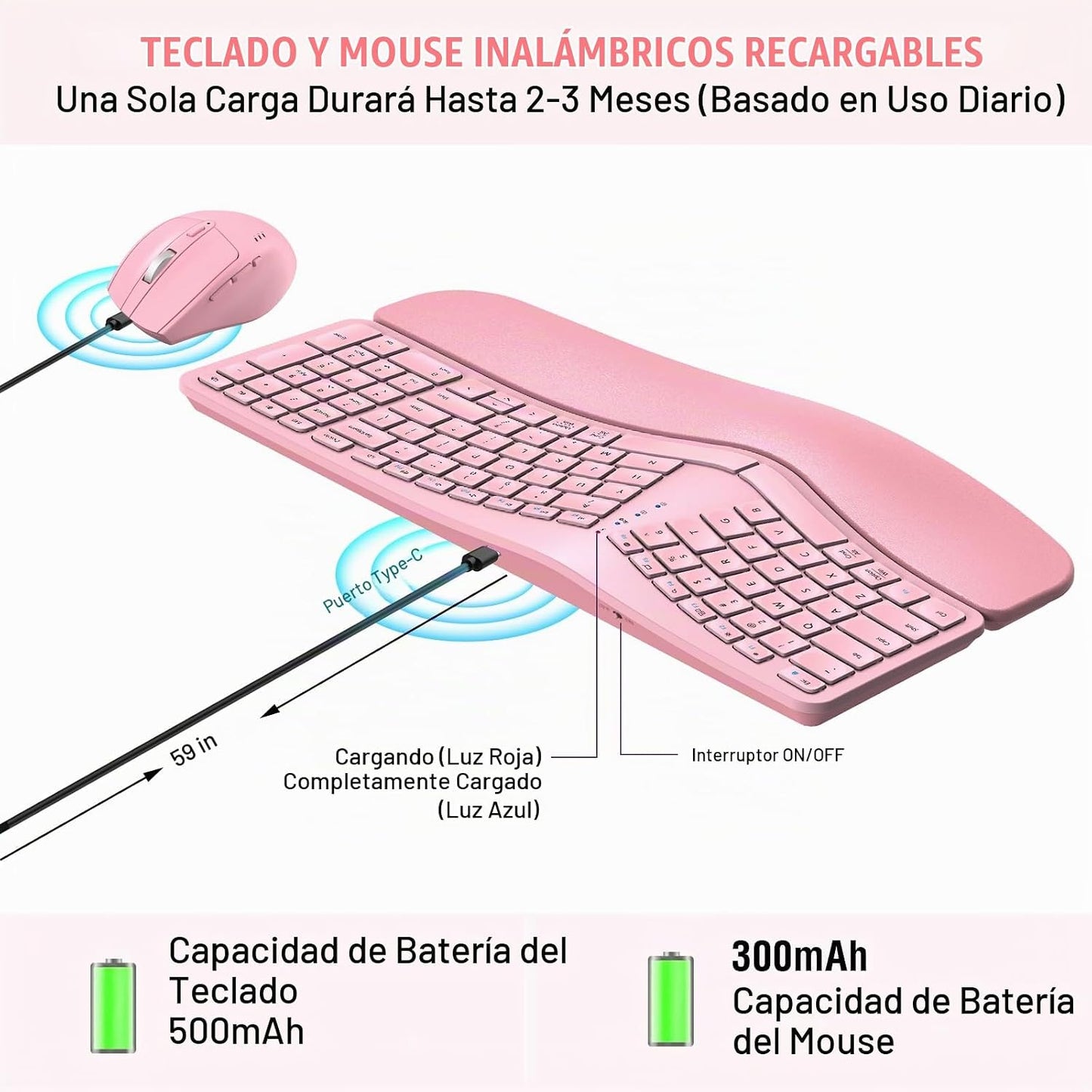 MK960 Combo de teclado inalámbrico ergonómico, teclado de diseño di...