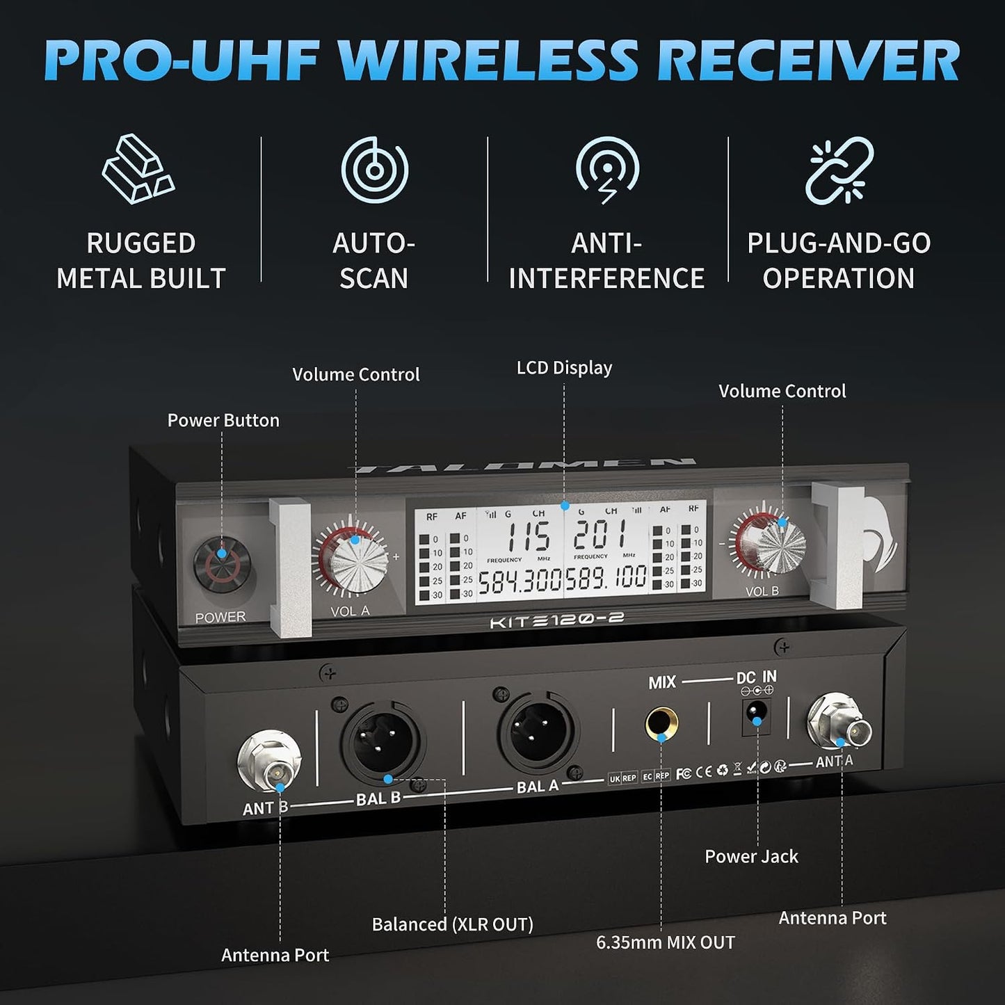 talomen Sistema de micrófono inalámbrico, UHF Dual Channel Handheld...
