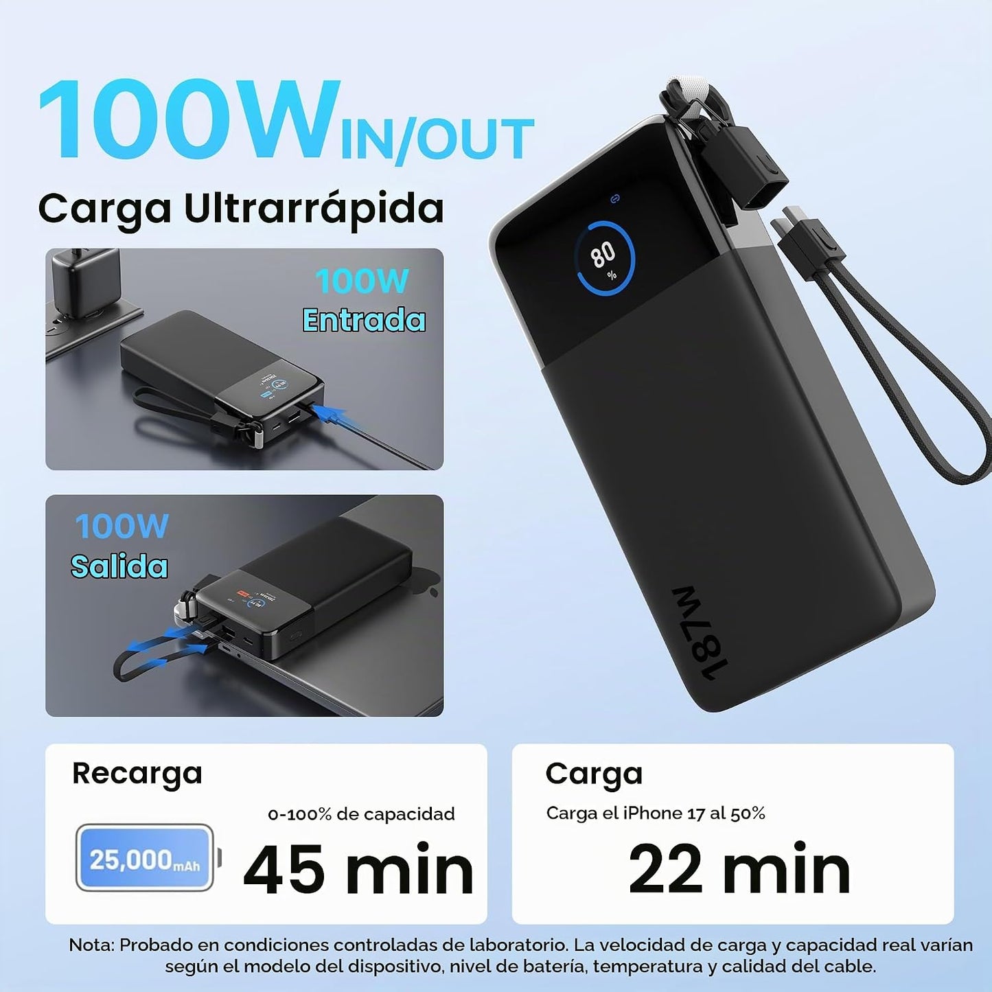 Cargador portátil JUOVI 187W para portátil Power Bank 25000mAh con...