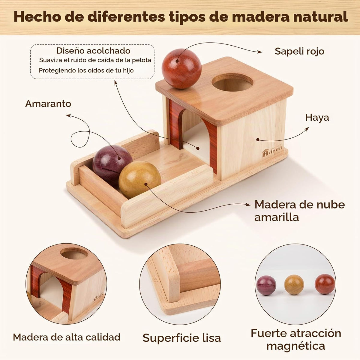 Adena Montessori Caja de permanencia de objetos, 3 bolas de madera,...