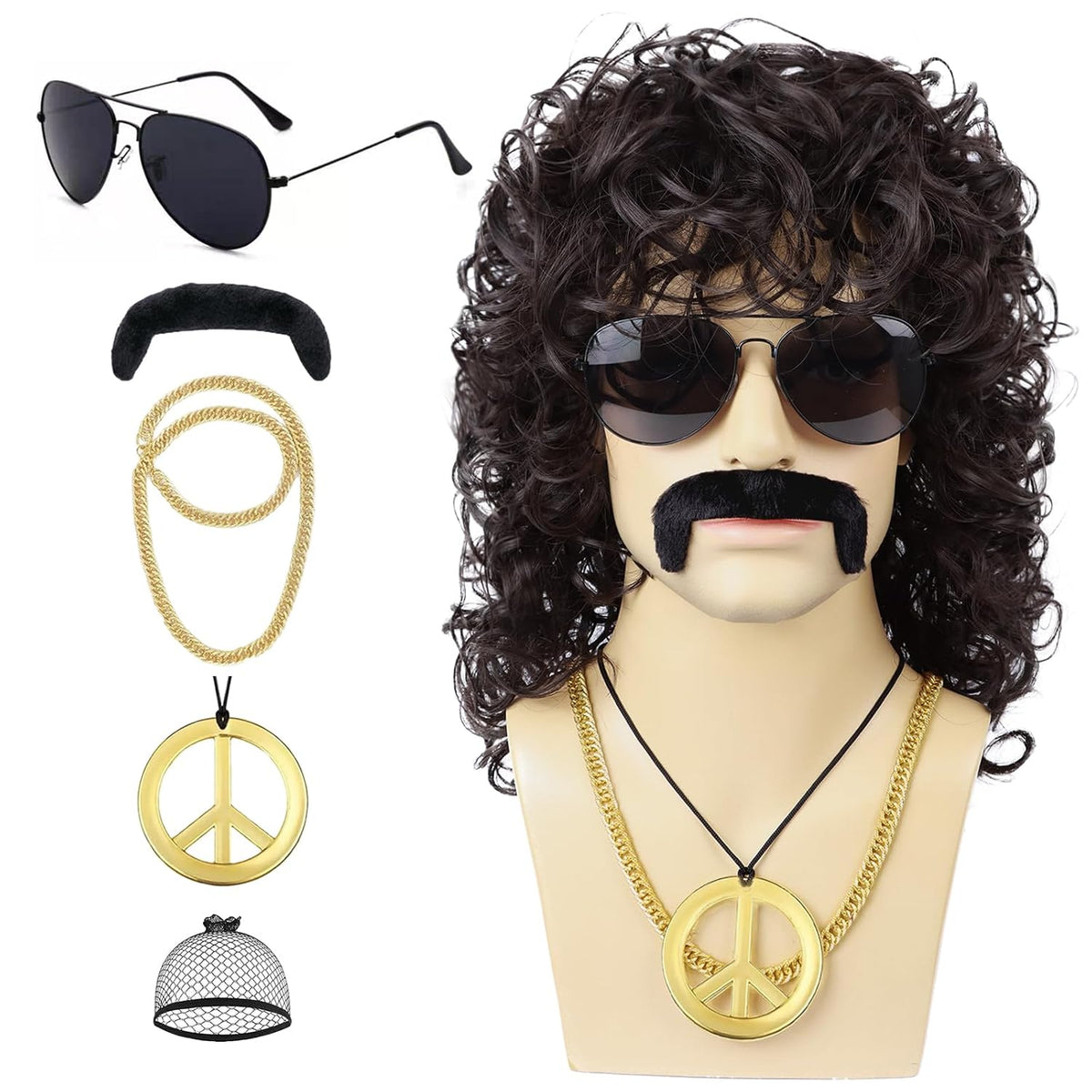 Guree Hair Peluca rizada para hombre + lentes + cadena dorada + col...