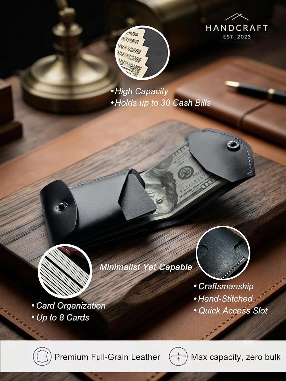 JusBumio Cartera plegable cosida a mano para hombre, con capacidad...