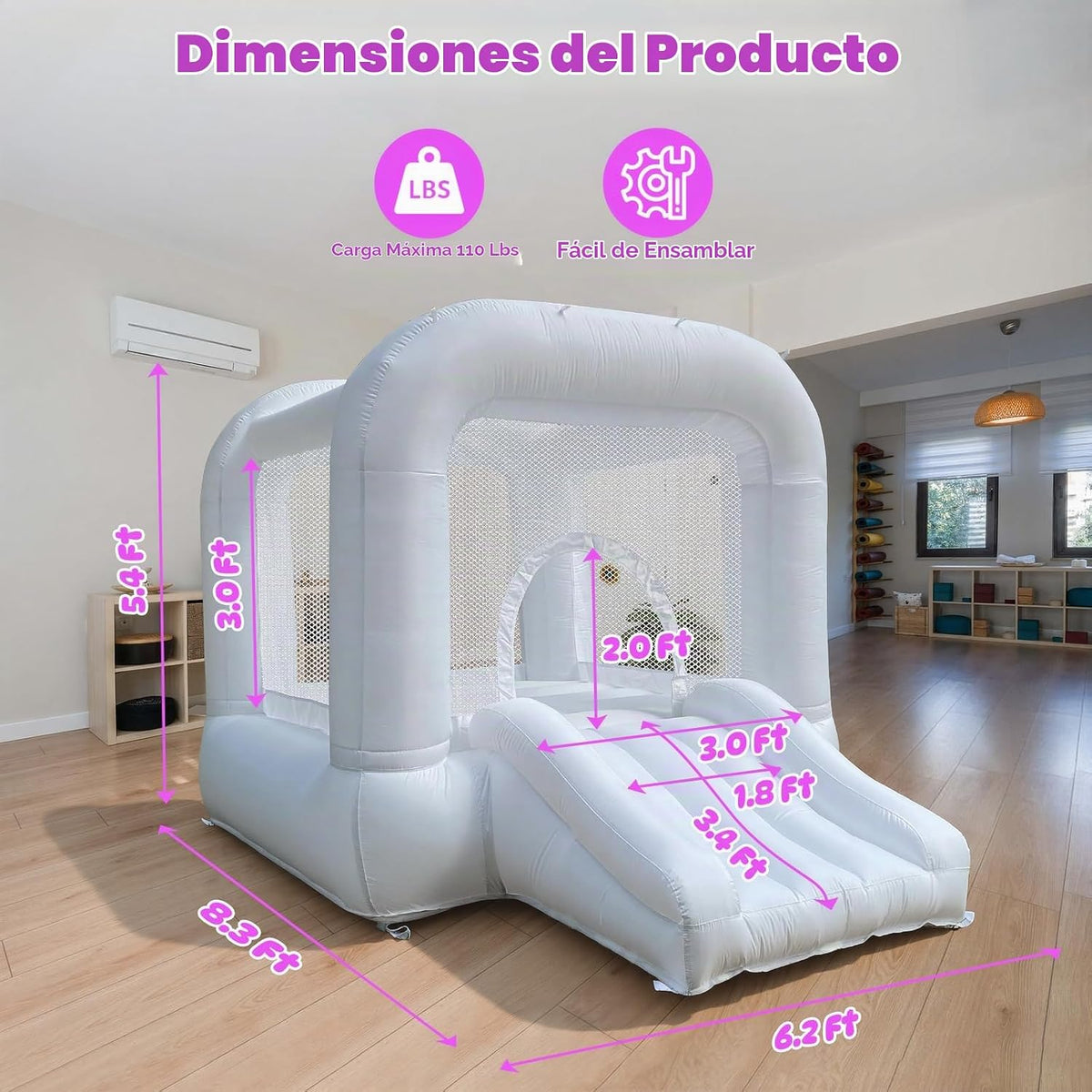 Casa hinchable blanca con tobogán, castillo hinchable para 3-6 niño...