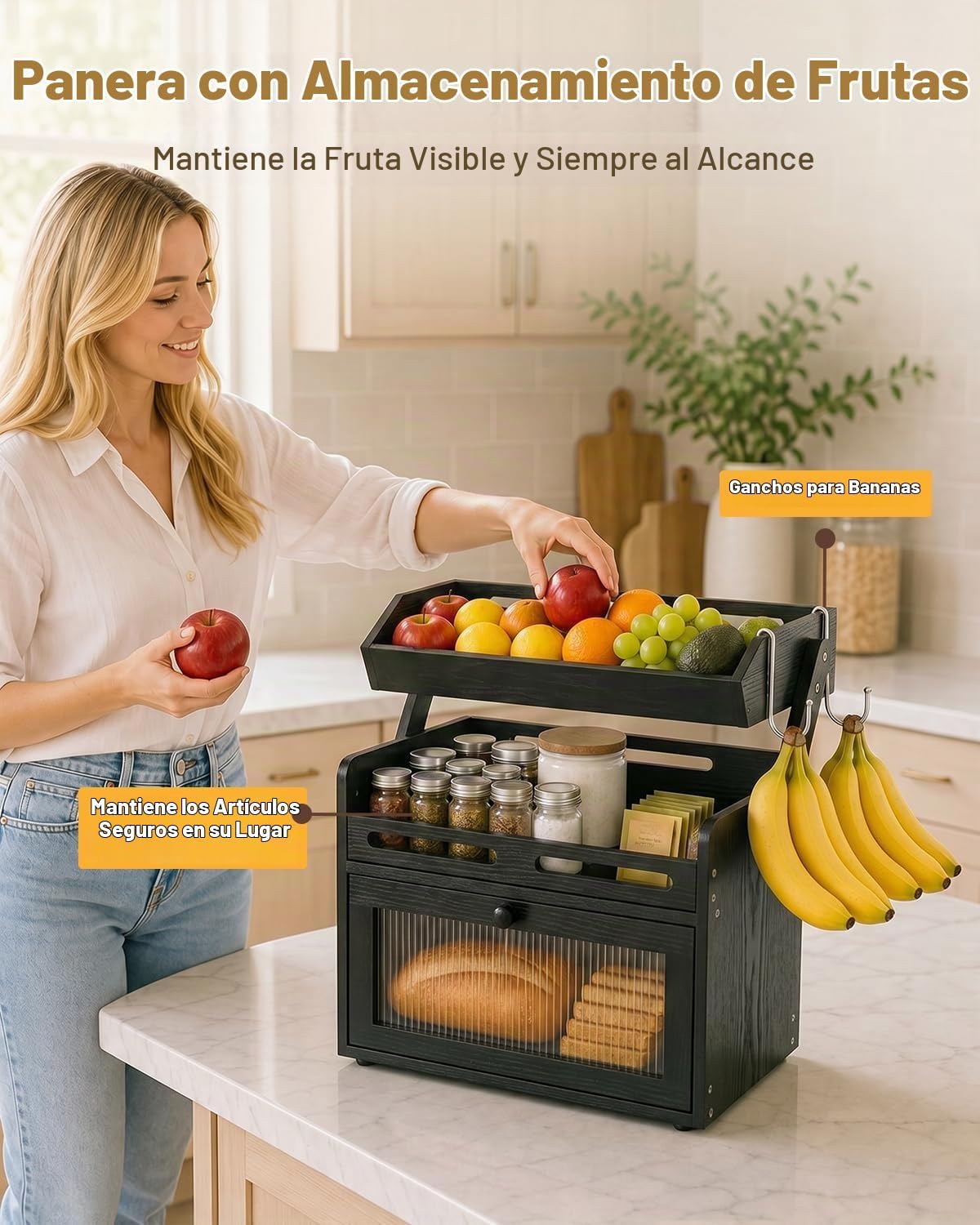 Caja de pan para encimera de cocina, almacenamiento de pan de bambú...