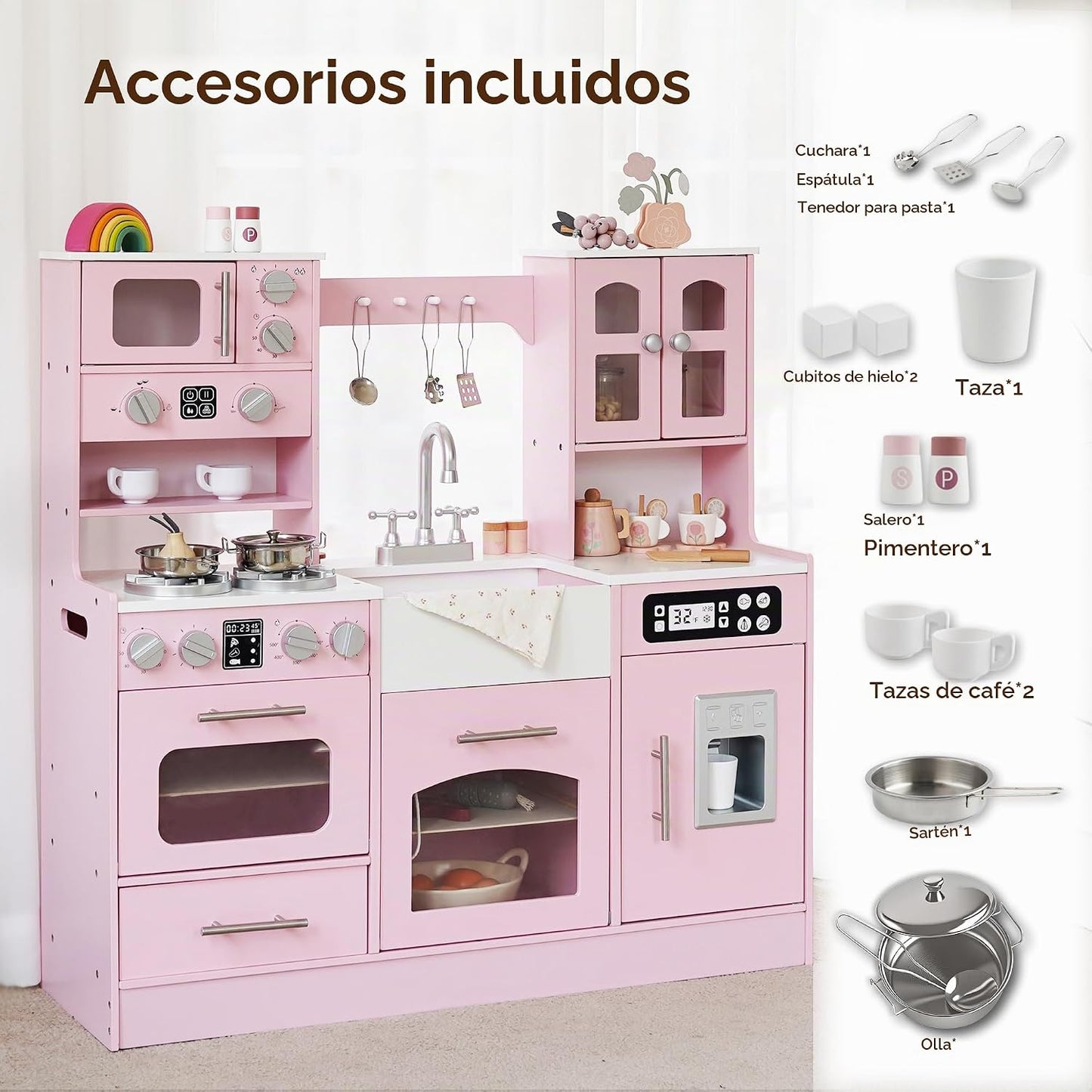 Cocina de juguete de madera para niños pequeños y niños con luces y...