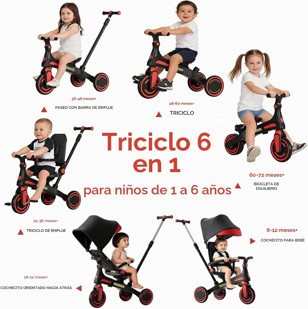 Winhope Triciclo para niños, triciclo 6 en 1 para bebés con asa de...