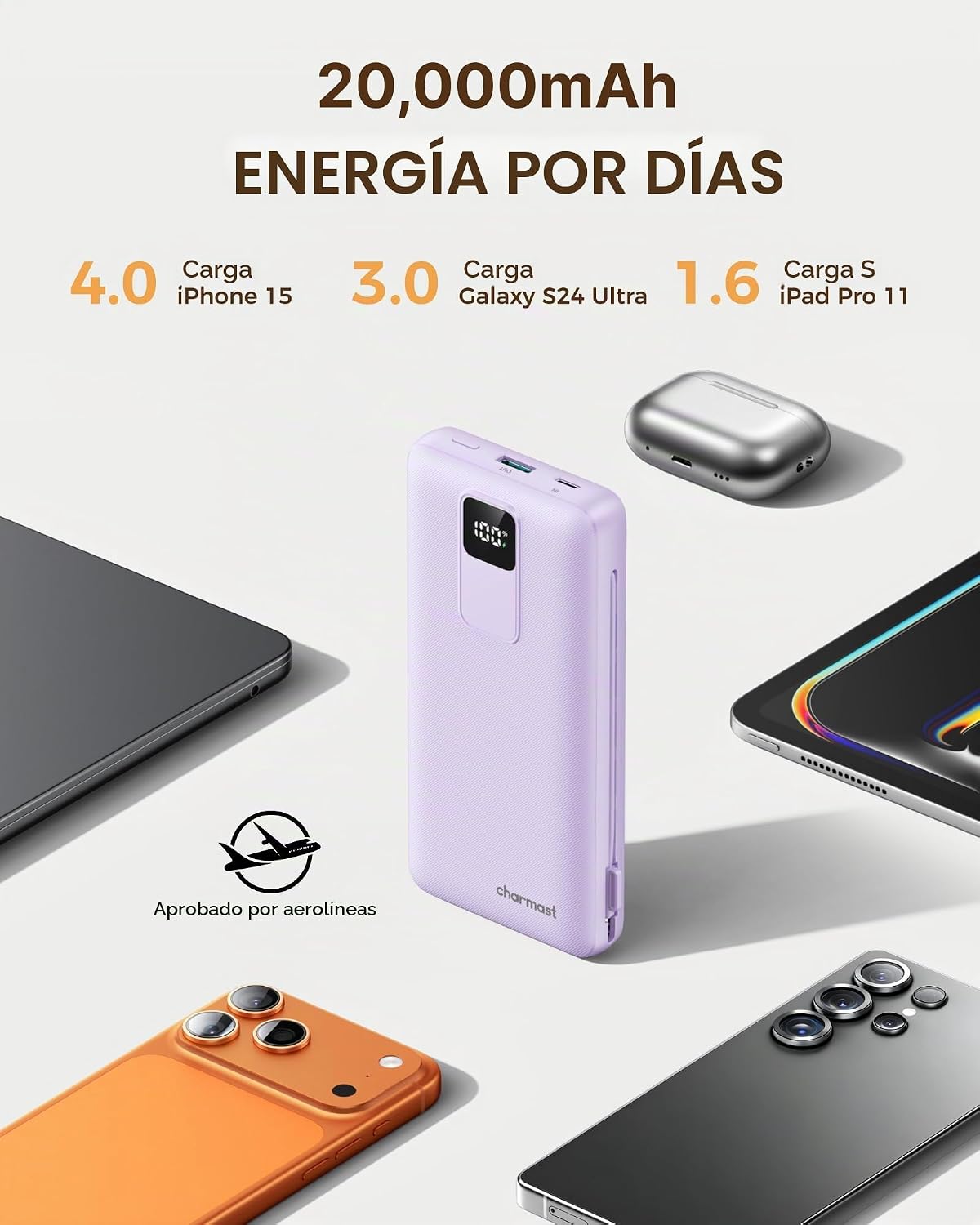 charmast Cargador portátil de 20000 mAh con cables integrados y enc...