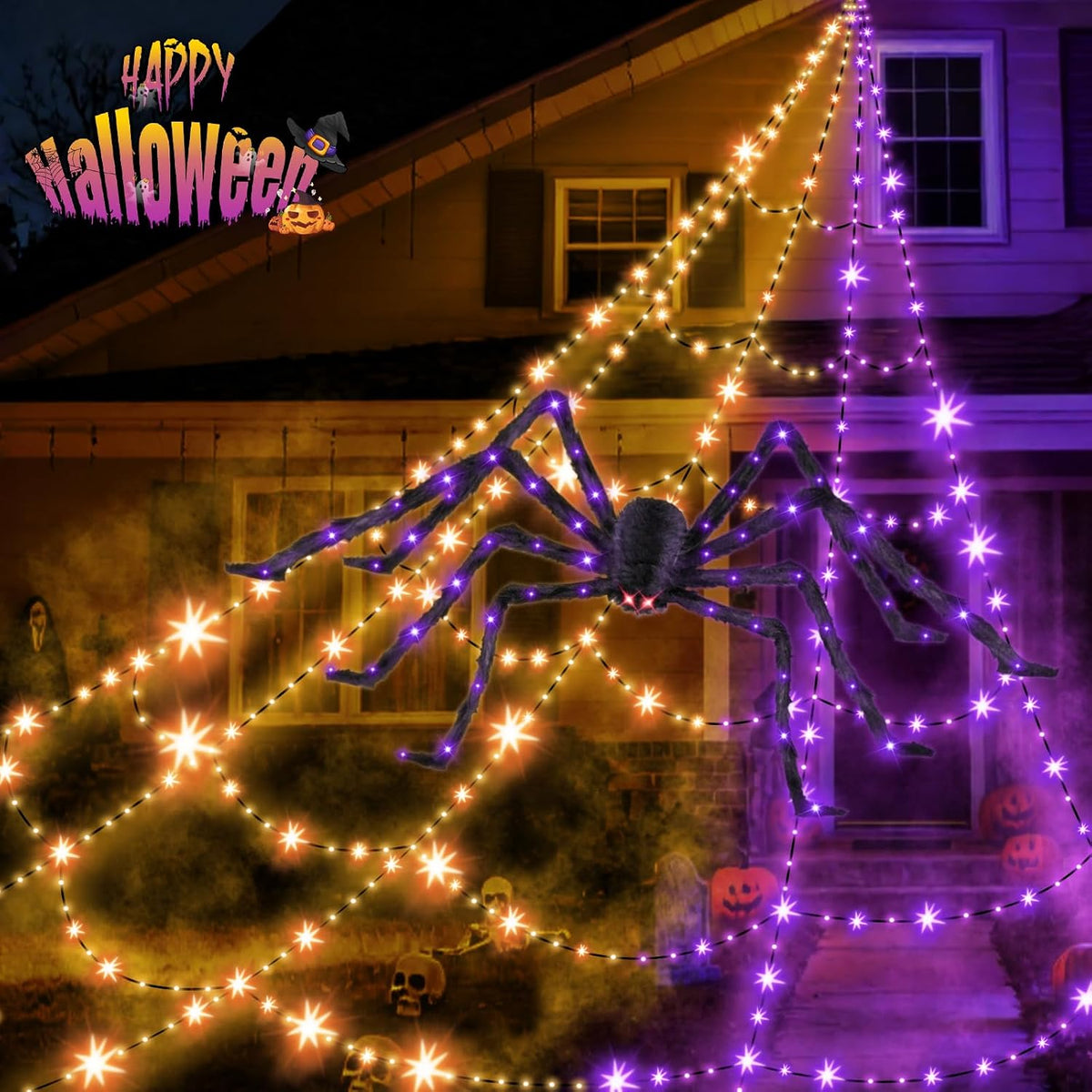 Decoraciones de Halloween al aire libre con araña gigante brillante...