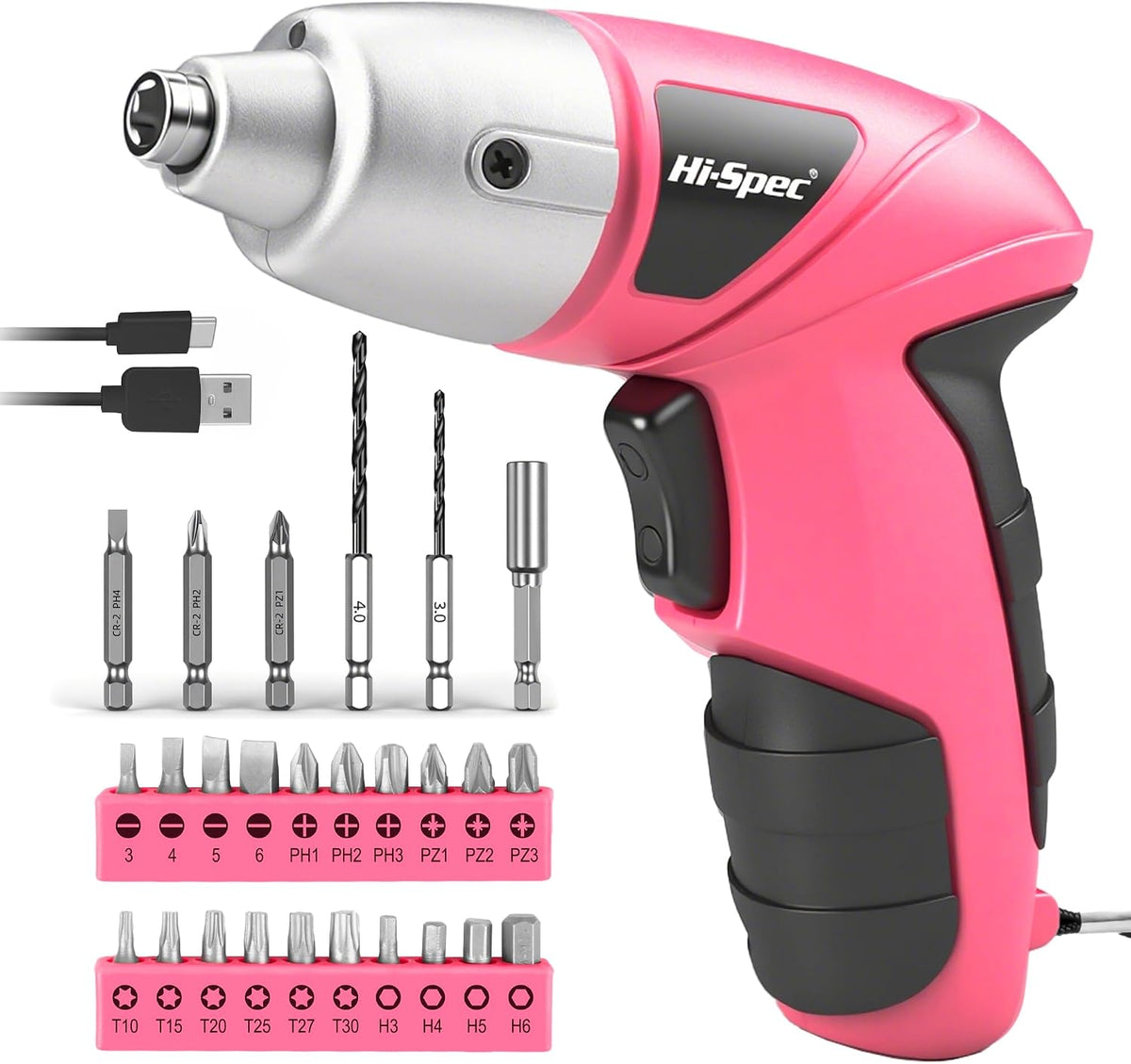 Hi-Spec Destornillador eléctrico 27pc 3.6V rosa USB pequeño juego d...
