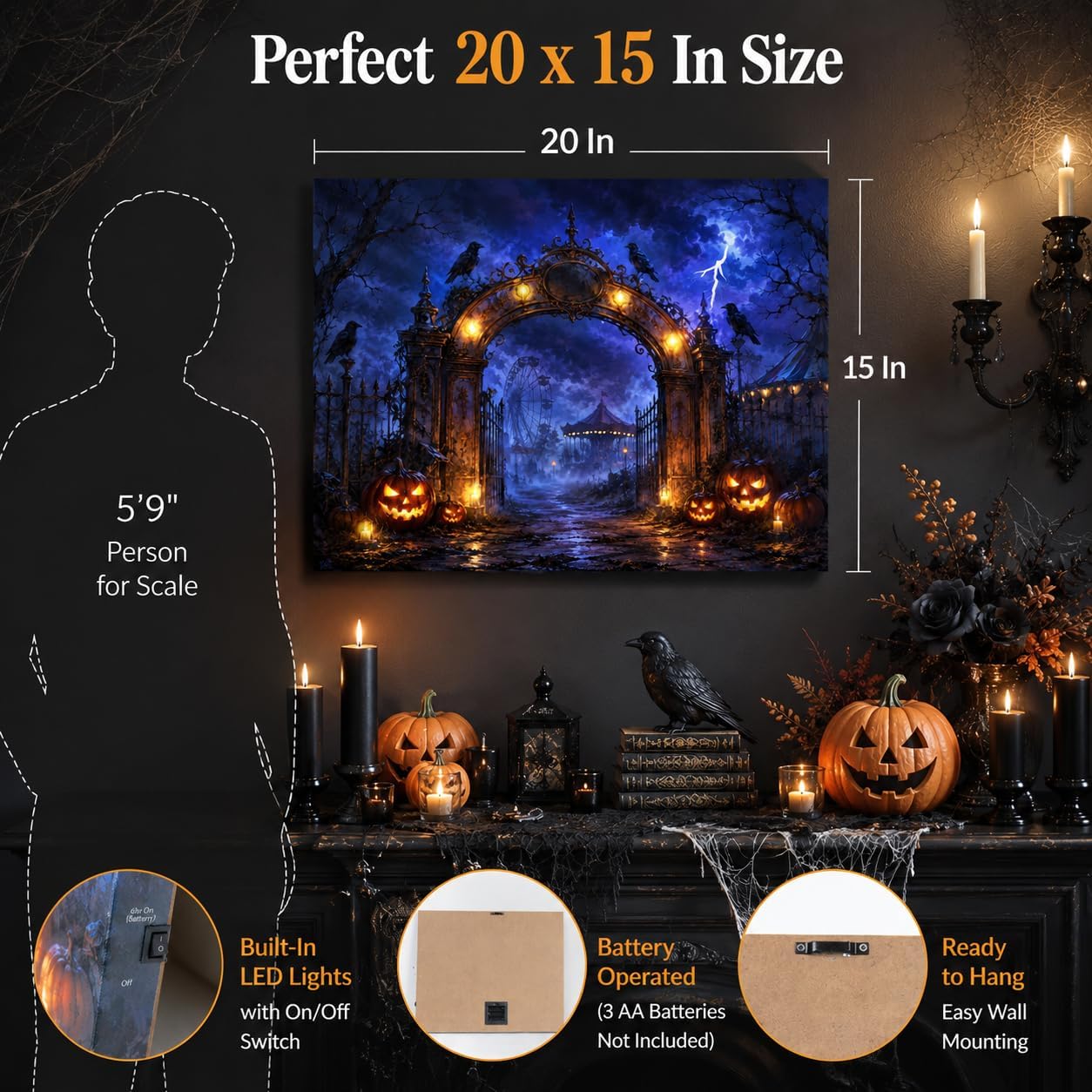 Artiluxy Lienzo decorativo LED de Halloween, parque de atracciones...