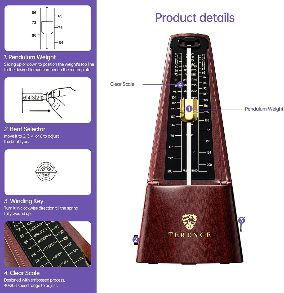 Metrónomos mecánicos para piano, guitarra, violín, bajo, batería y...