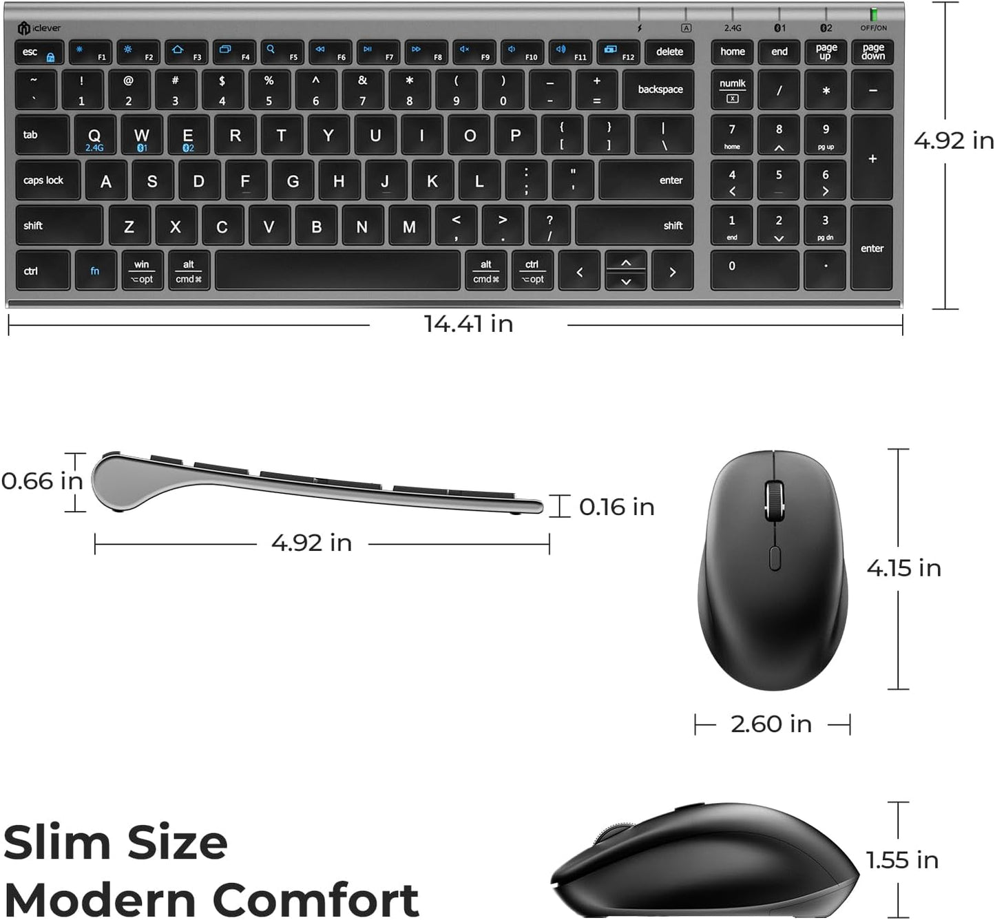 iClever Combo de teclado y mouse inalámbricos Bluetooth DK05, gris...