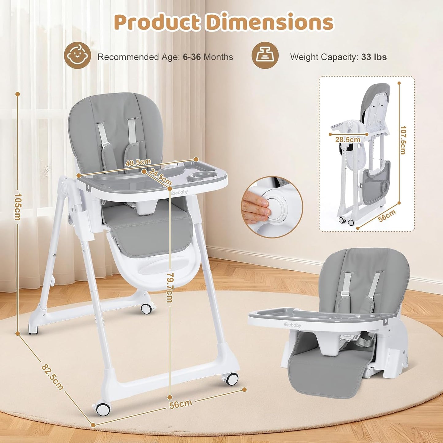 Ezebaby Silla alta plegable para bebé, sillas altas convertibles 3...