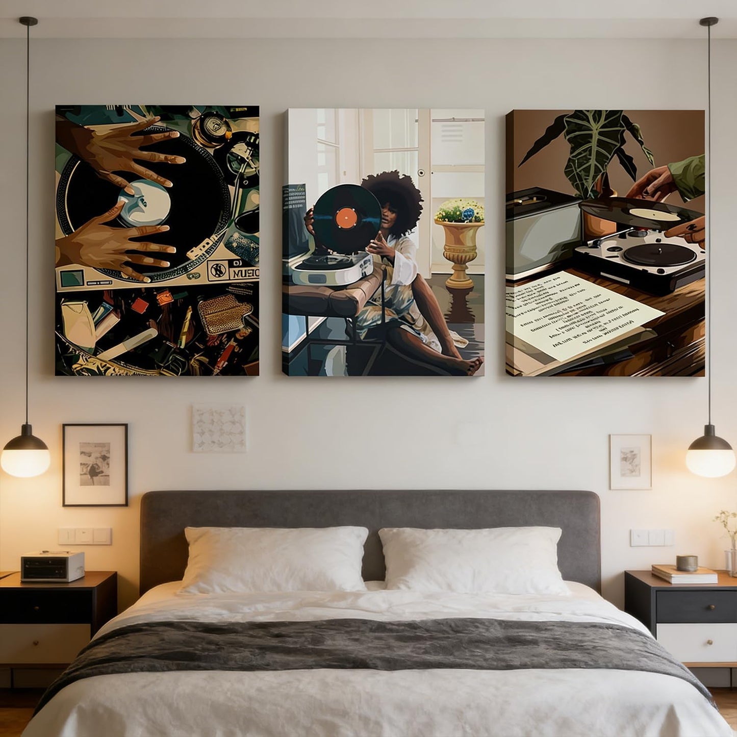 3 piezas de arte de pared en lienzo de niña negra moderna, pintura...