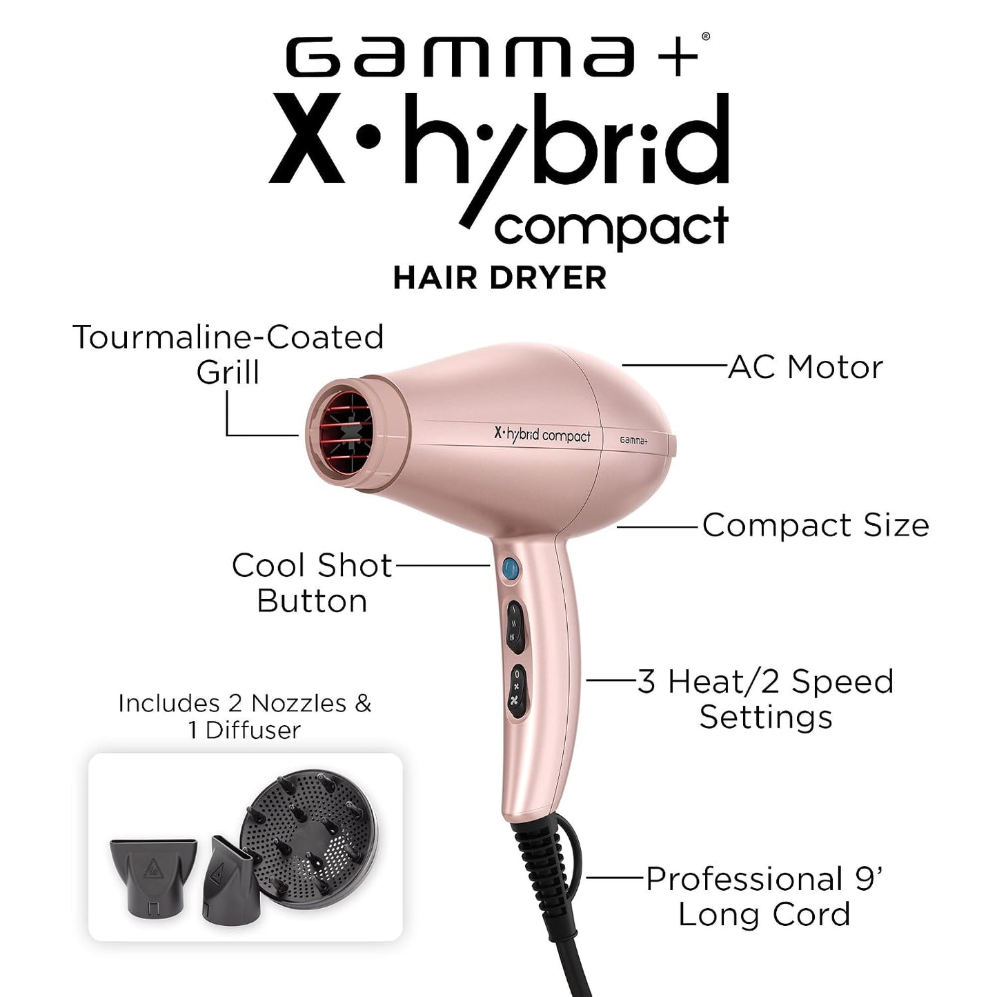 GAMMA+ Secador de pelo profesional X-Hybrid ligero, tecnología ióni...