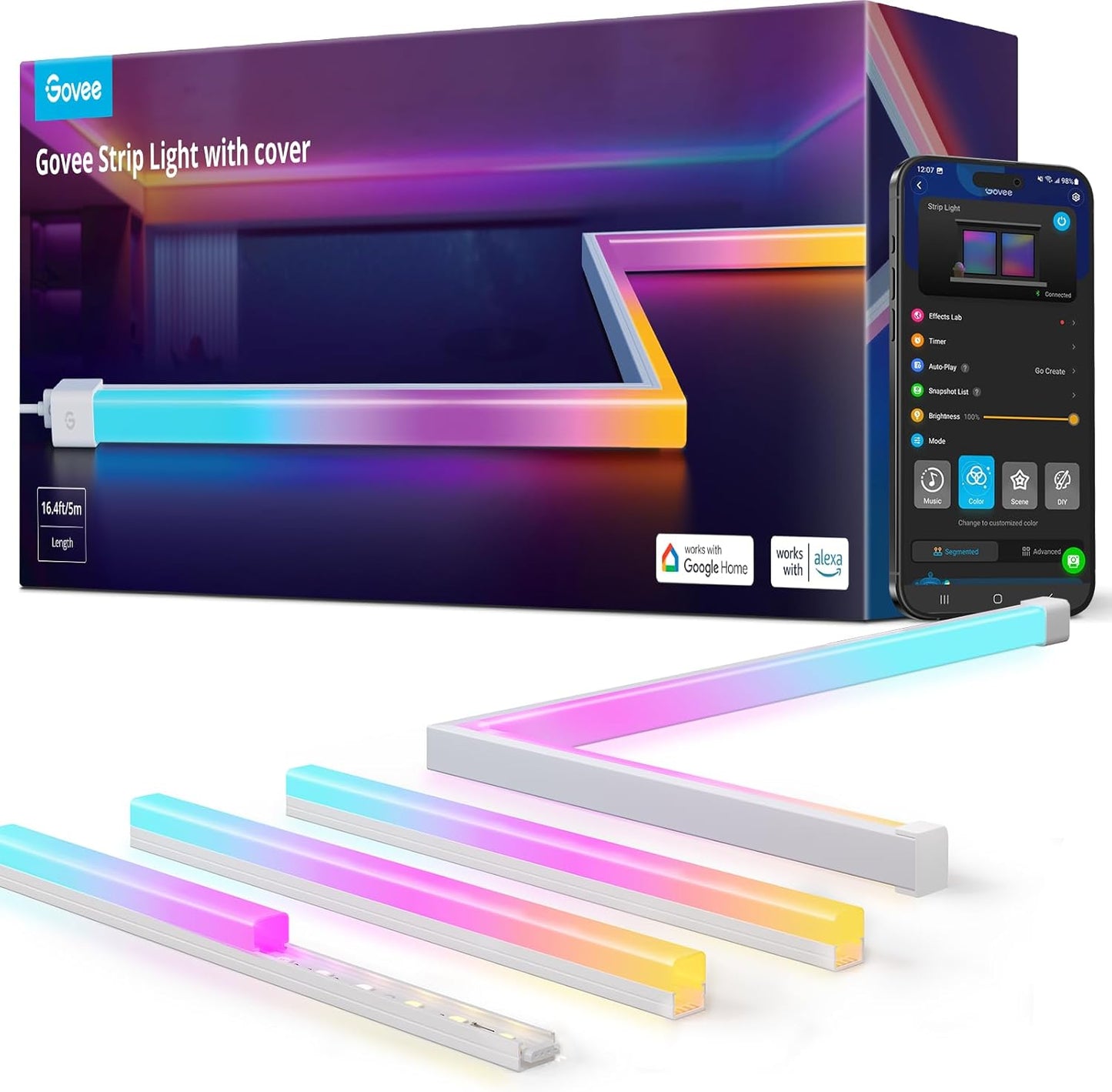 Govee RGBIC - Tira de luces LED de 16.4 pies con cubiertas, luces L...