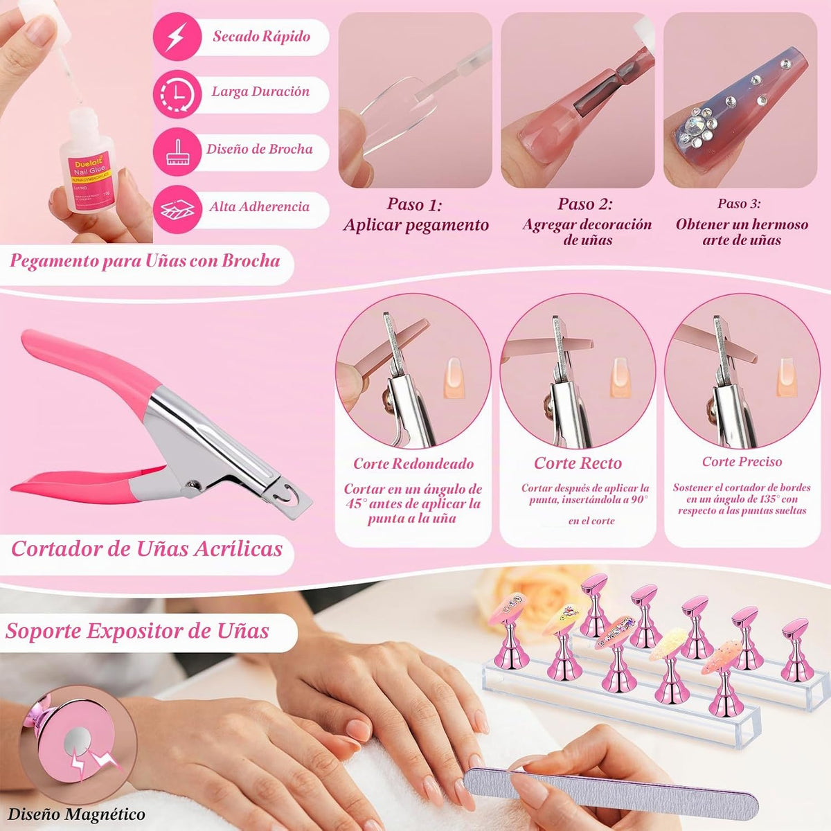 Kit de uñas postizas acrílicas, kit de uñas postizas a presión con...