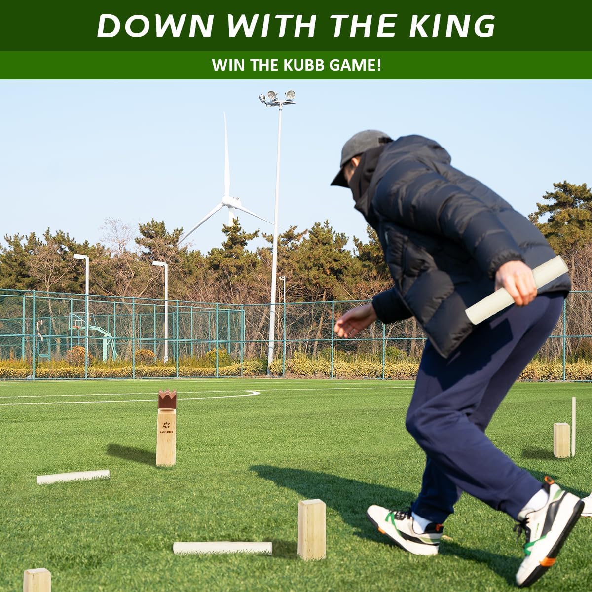 SunNordic Juego de jardín Kubb de madera de caucho con bolsa de tra...