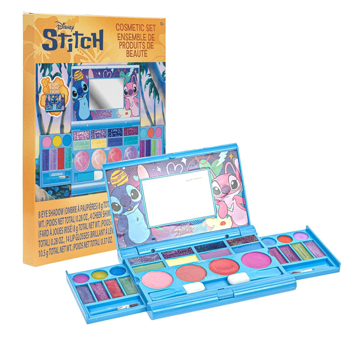 Stitch - Paleta de maquillaje plegable con espejo, brillo de labios...