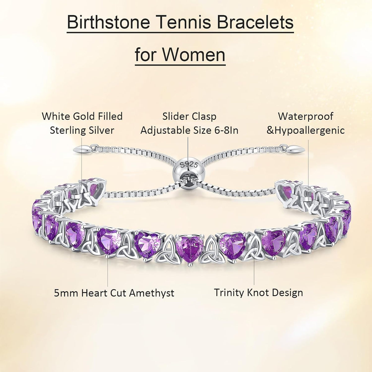 ETERMBOL Pulseras de tenis con piedra natal para mujer, plata de le...