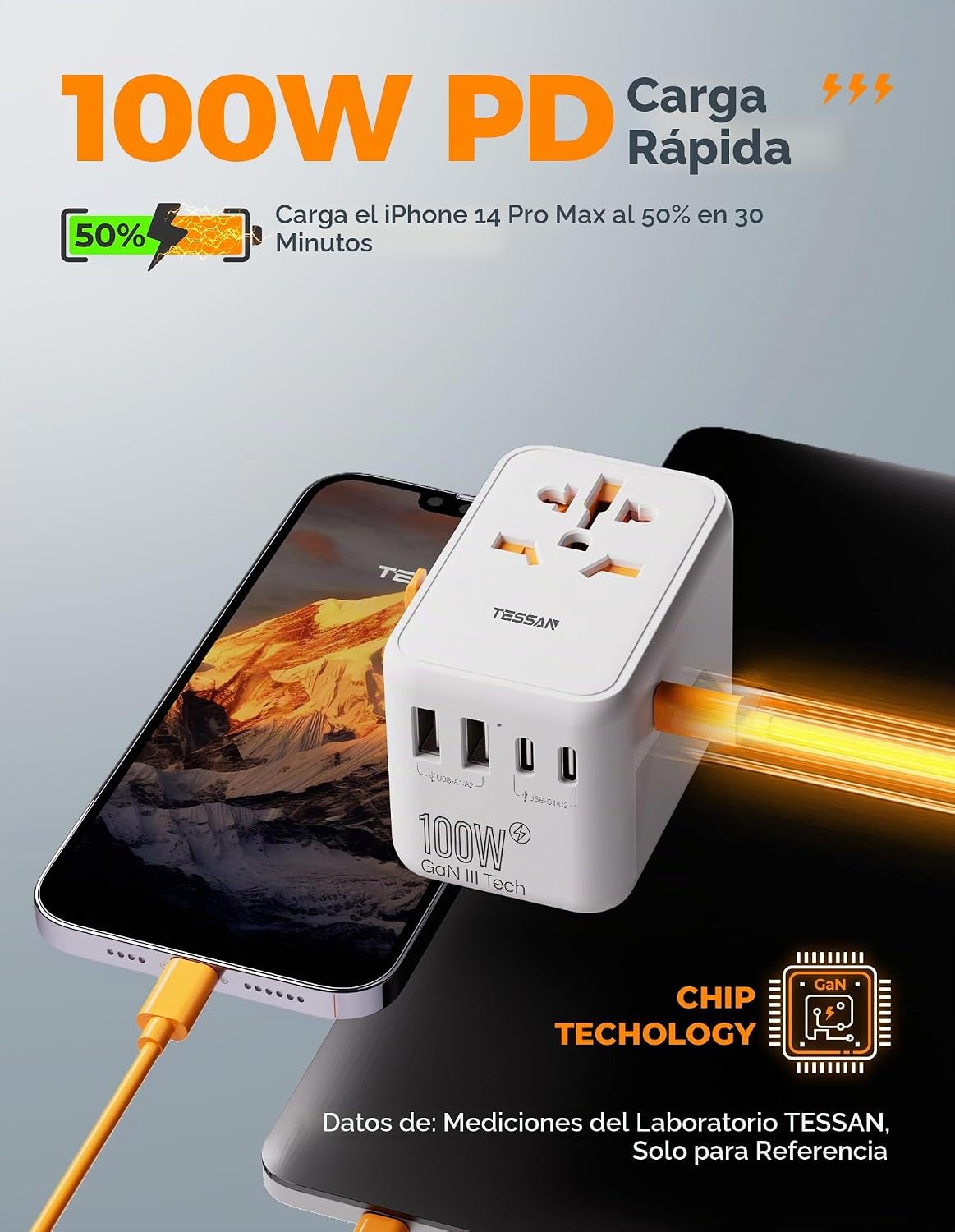 Adaptador de viaje universal TESSAN 100W GaN | Adaptador de corrien...