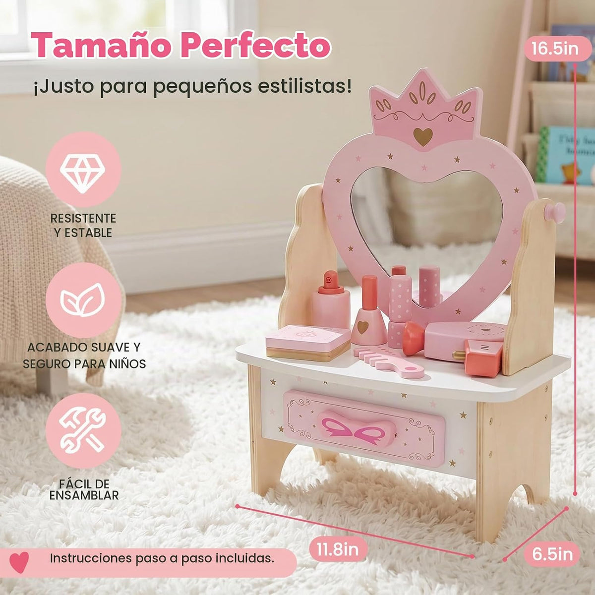 Juego de tocador de madera para niños, juguetes de mesa de tocador...