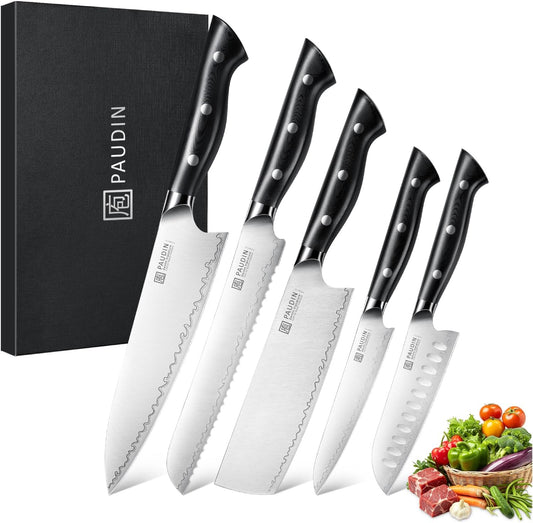PAUDIN Juego de 5 cuchillos de chef ultra afilados, acero de alto c...