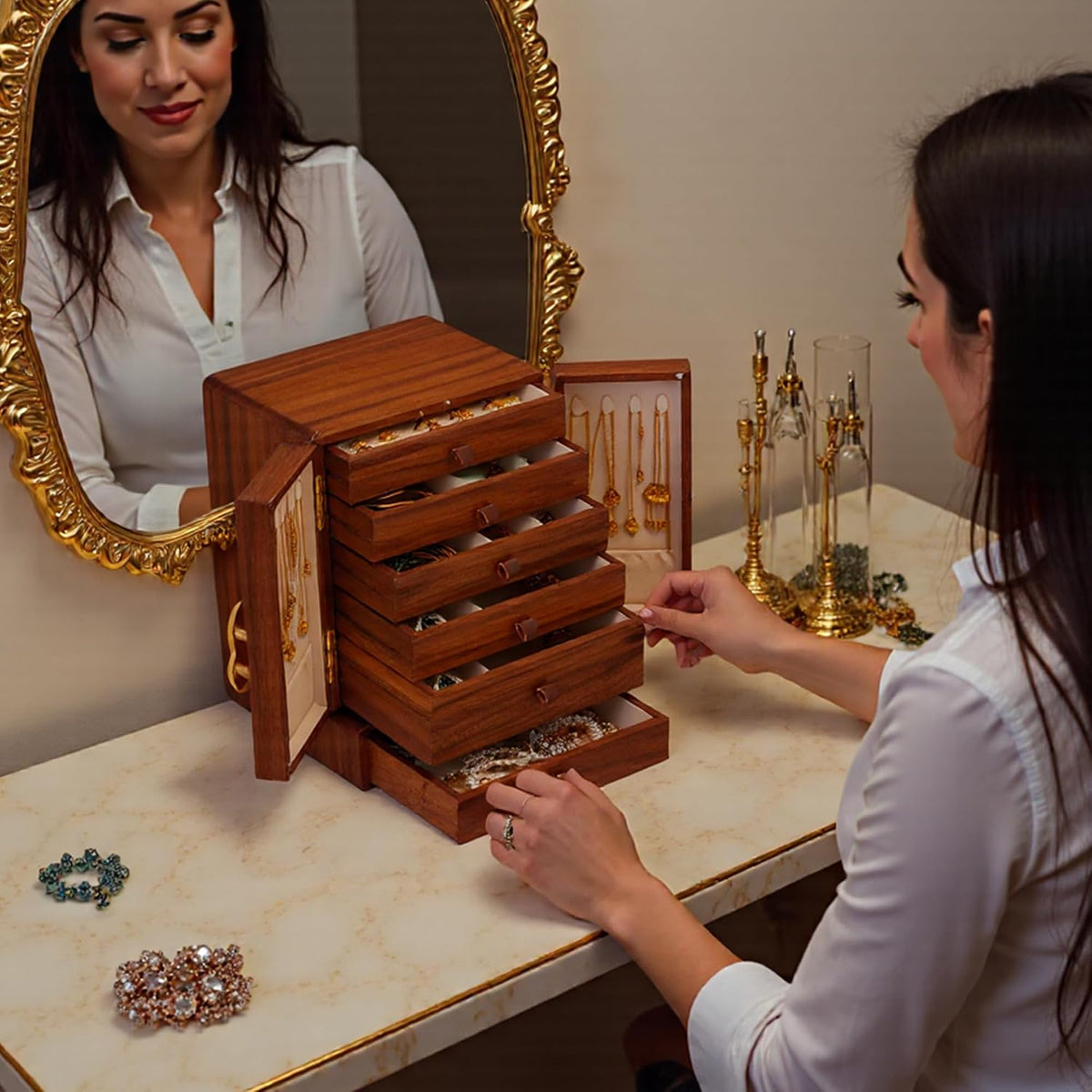 KAOTGOT Joyero de madera para mujeres y niñas, organizador grande d...