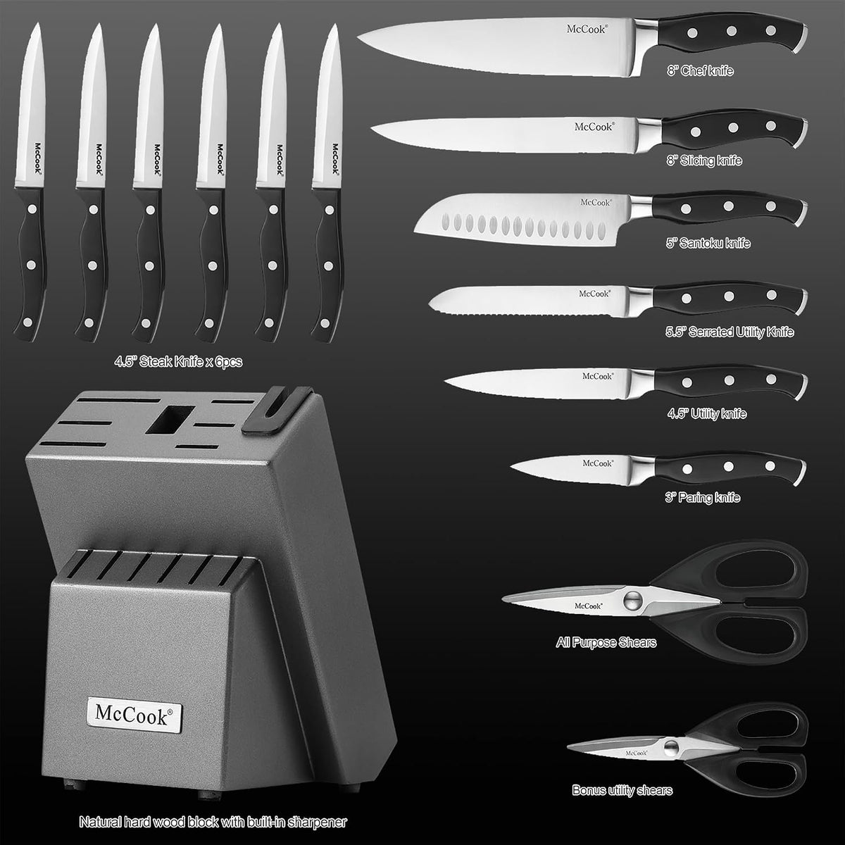 McCook® Juegos de cuchillos, juego de cuchillos de cocina alemán de...
