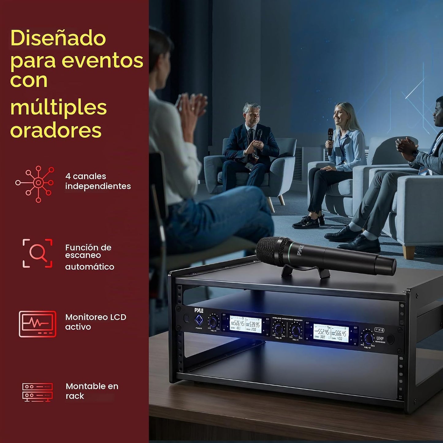 Pyle Sistema de micrófono inalámbrico UHF de 4 canales con 2 micróf...