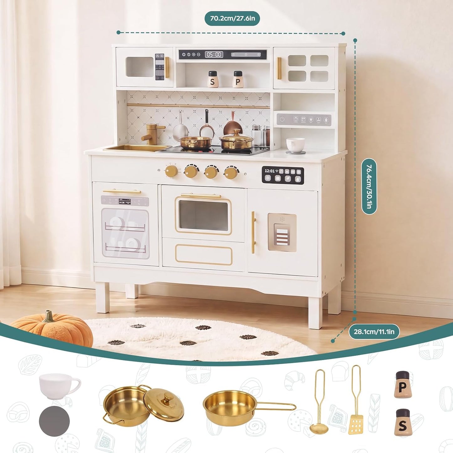 Cocina de madera para niños, moderno juego de cocina blanca con est...