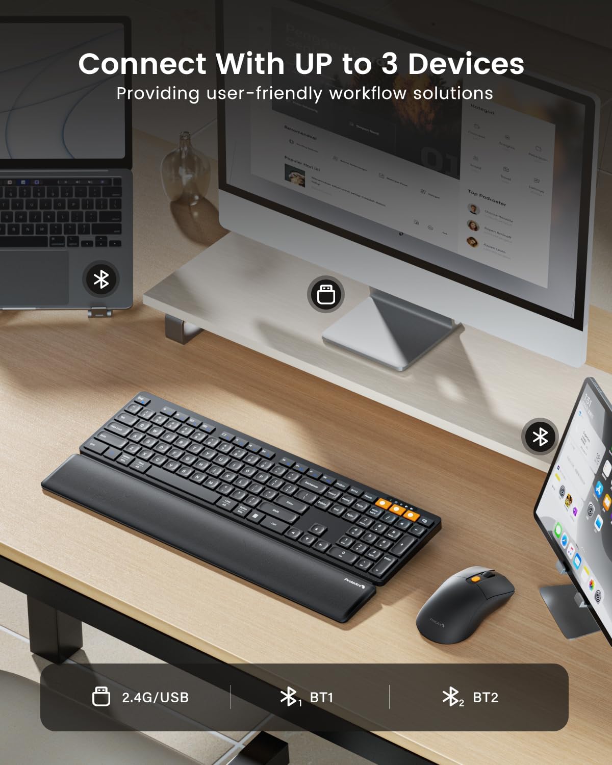 ProtoArc Combo de teclado y mouse Bluetooth, KM60 Bluetooth + USB m...