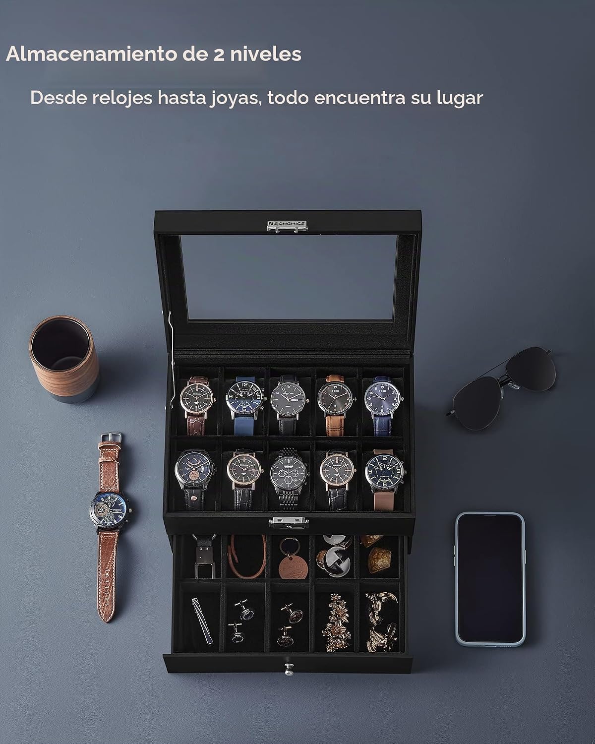 SONGMICS Caja de reloj de 20 ranuras, 2 capas, tapa de cristal, con...