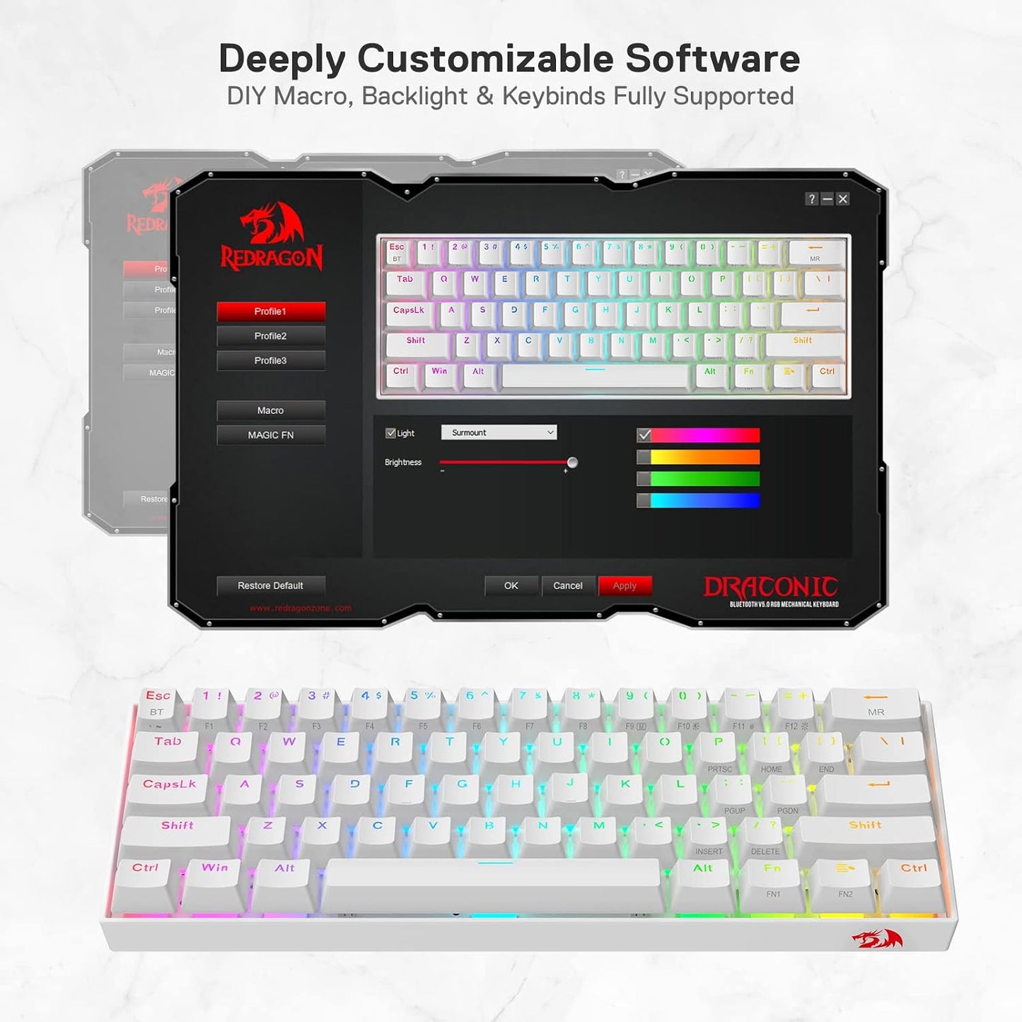 Redragon Teclado Mecánico Inalámbrico RGB K530 Pro Draconic 60%, BT...