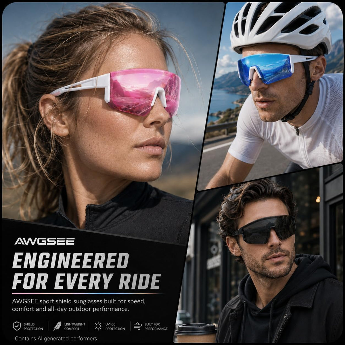 AWGSEE Paquete de 3 lentes de sol deportivos polarizados UV400, mar...