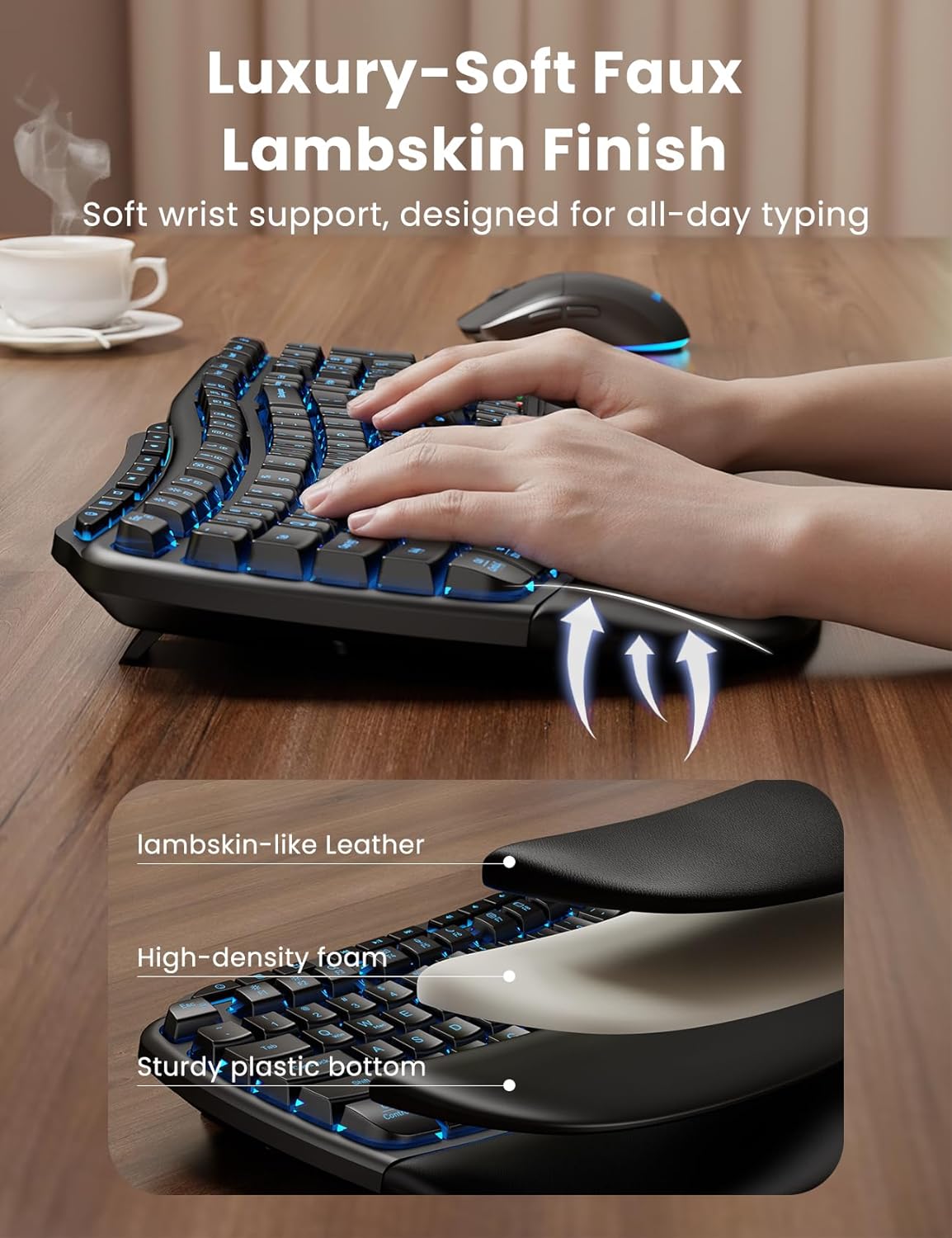 Combo ergonómico de teclado y mouse inalámbricos, teclado retroilum...