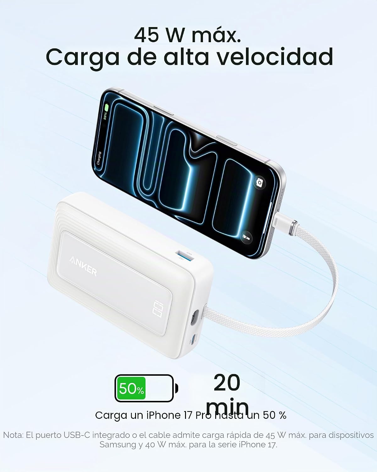 Anker Zolo Power Bank, Cargador portátil rápido de 20,000mAh 45W má...