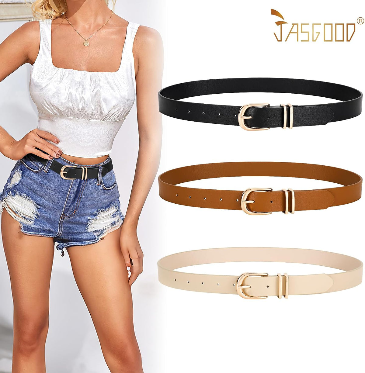 JASGOOD Paquete de 3 cinturones de cuero para mujer para jeans, ves...