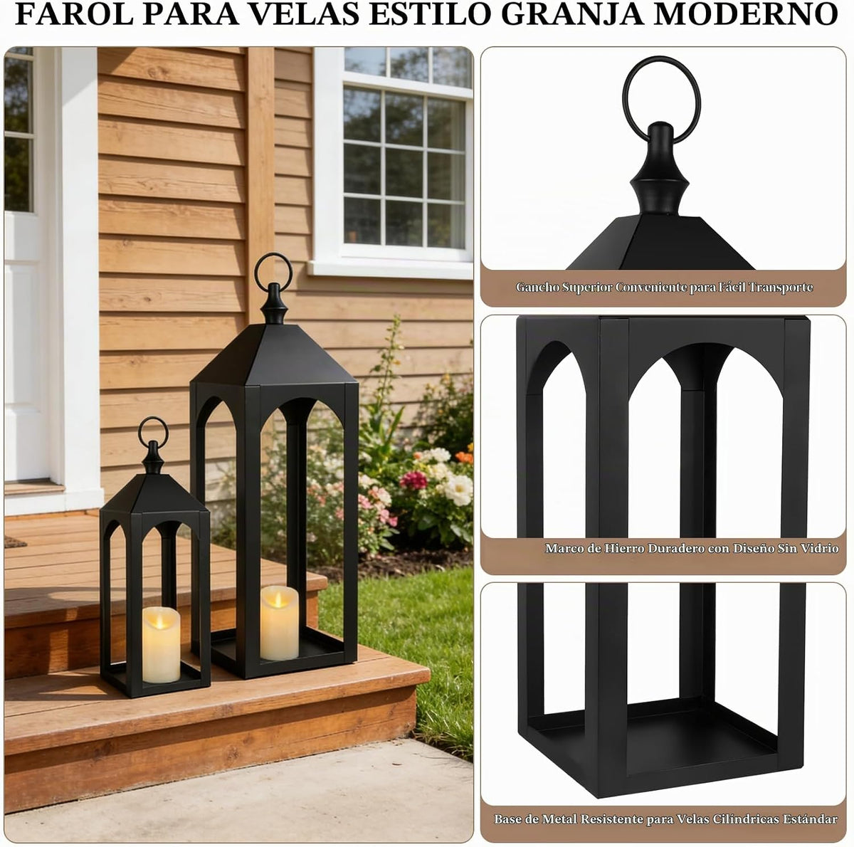Faroles grandes de metal negro de 23 pulgadas y 17 pulgadas, decora...