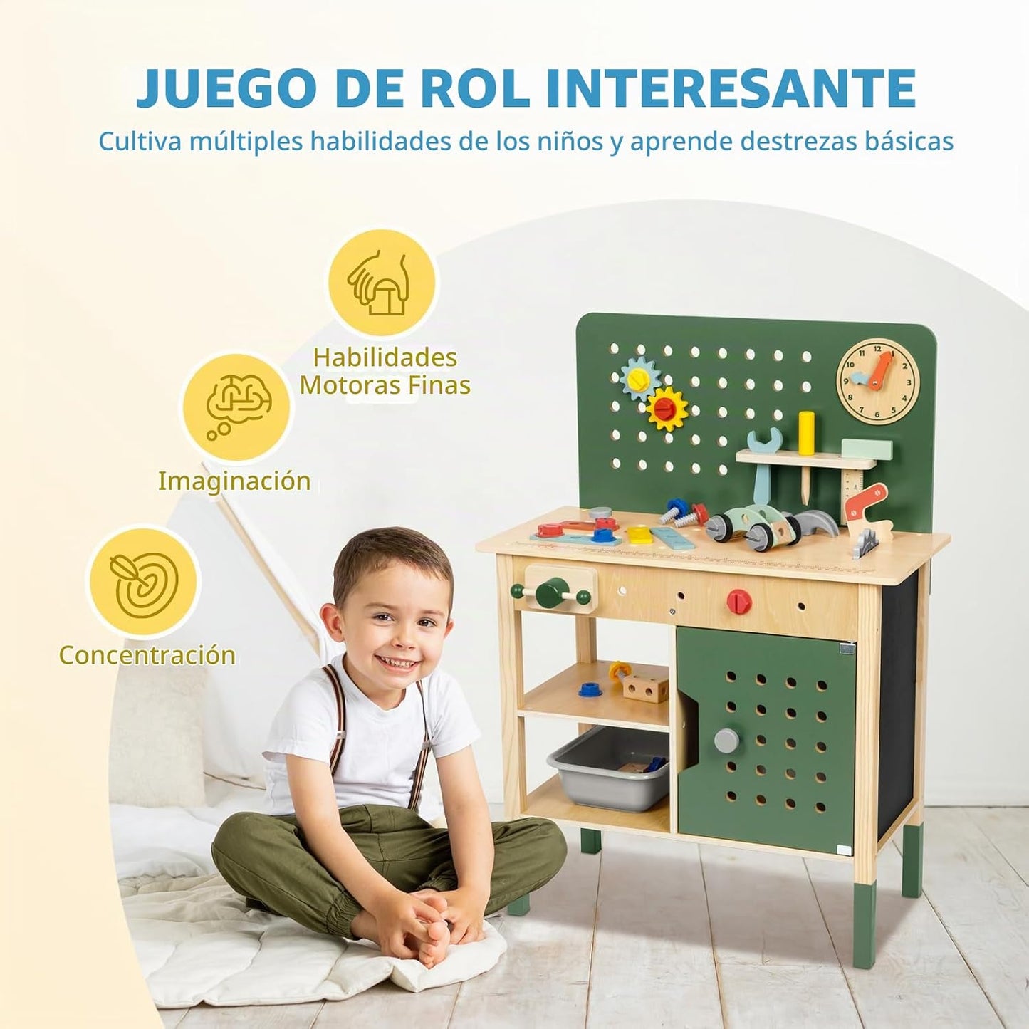 OOOK Banco de herramientas para niños, banco de trabajo de madera c...